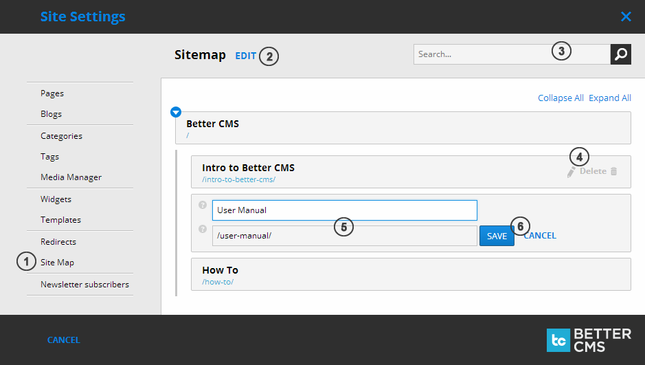 Sitemap in Site Settings